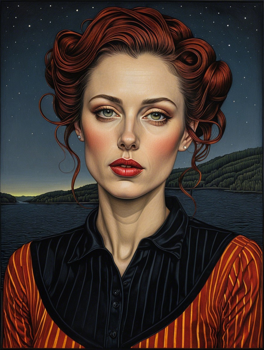 Portrait of a Woman with Red Hair and Night Landscape
