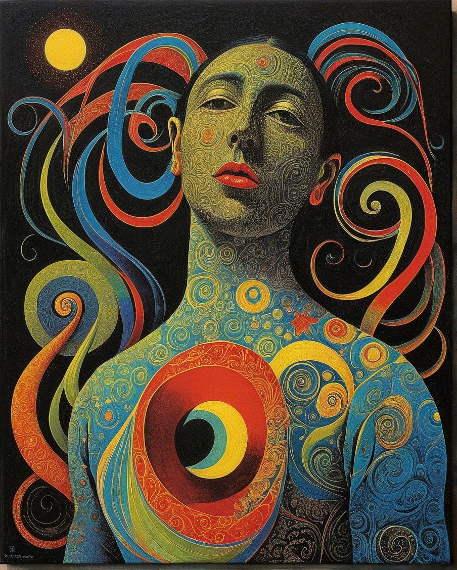 Stylized portrait of a woman with vibrant patterns