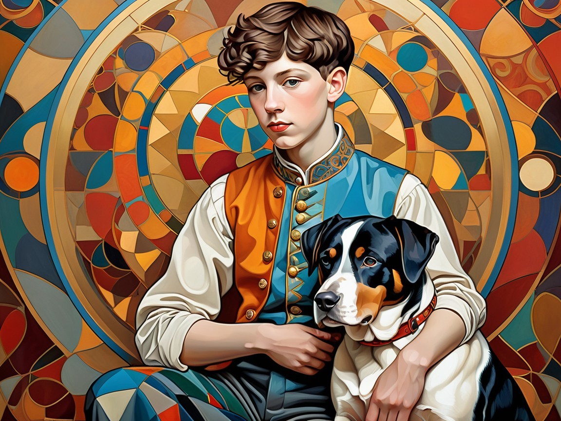 Young boy with dog against stained glass background