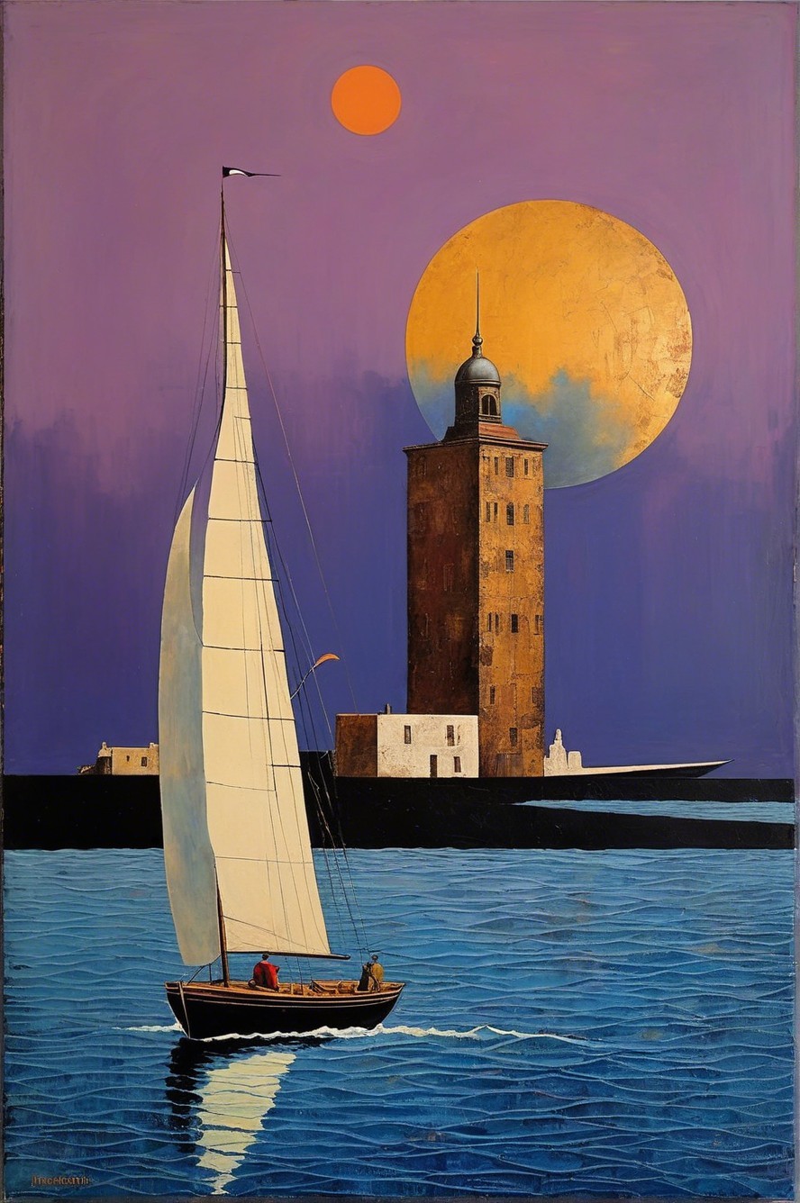 Vibrant Seascape Oil Painting with Sailboat at Dusk