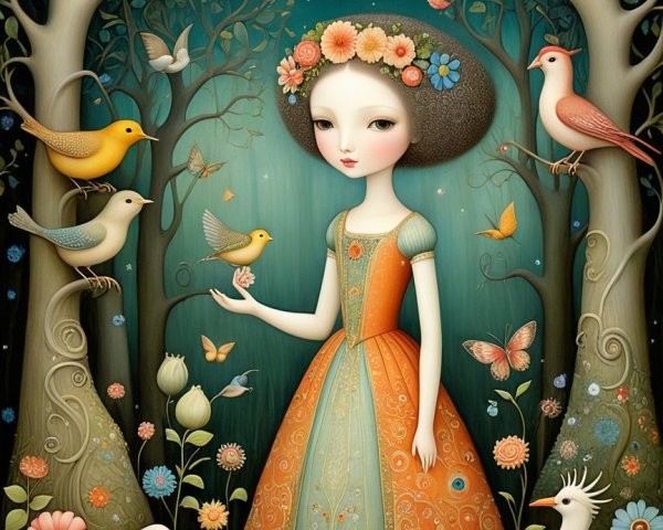 Girl in Floral Crown Surrounded by Colorful Forest