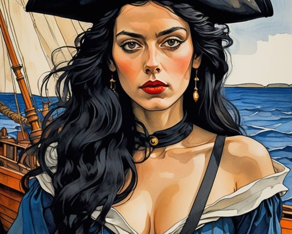 Confident Woman on Pirate Ship with Ocean Background