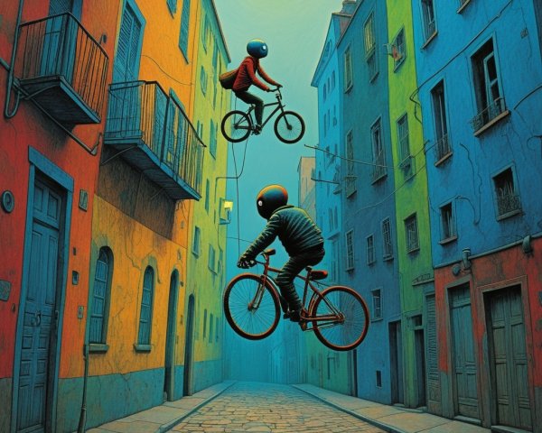 Surreal Alleyway with Bicycles and Colorful Buildings