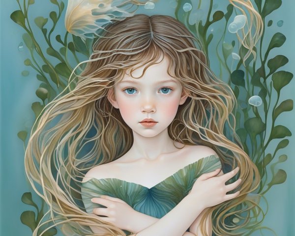Underwater Scene of a Girl Among Seaweed and Jellyfish