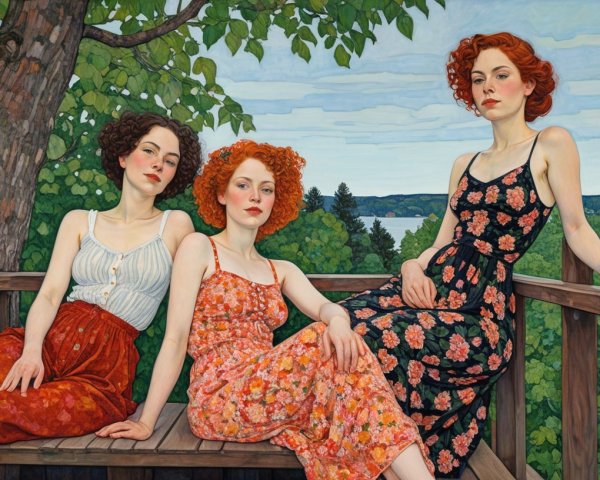Young Women with Red Hair on a Deck by a Lake