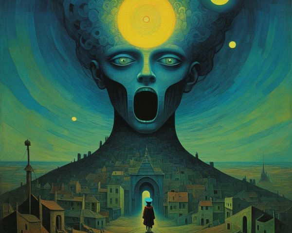 Surreal Landscape with Towering Figure and City Below