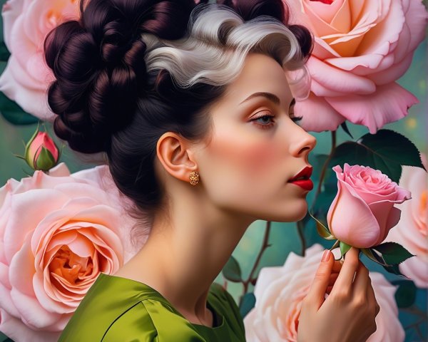 Elegant Woman with Dark Curls and Pink Rose