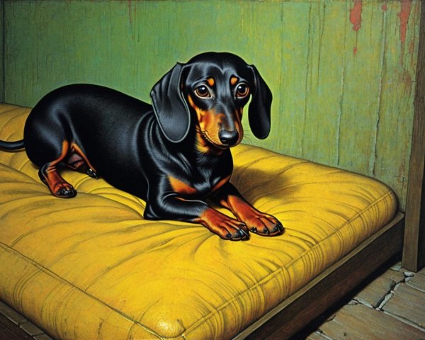 Black and tan dachshund on yellow cushion indoors