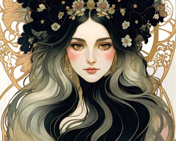Striking Woman with Dark to Silvery Hair and Floral Crown