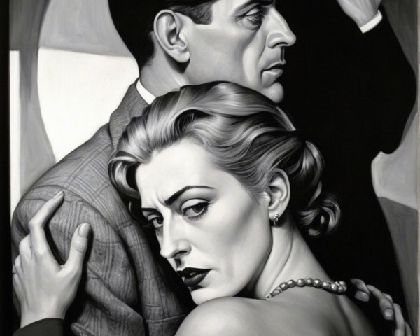 Black and white artwork with three contrasting figures
