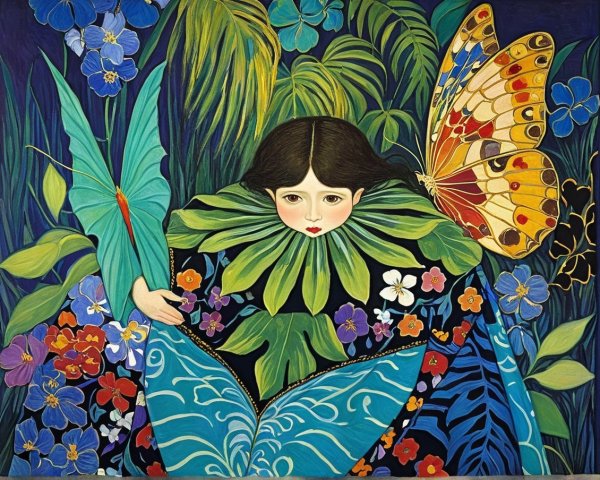 Whimsical Painting of a Girl in Nature's Embrace