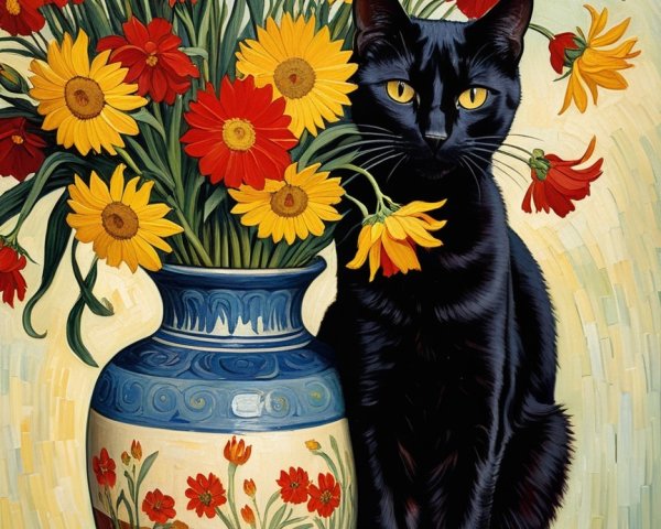 Black Cat with Yellow Eyes Beside Colorful Flower Vase