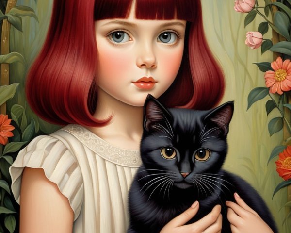 Young girl with red hair and black cat in nature
