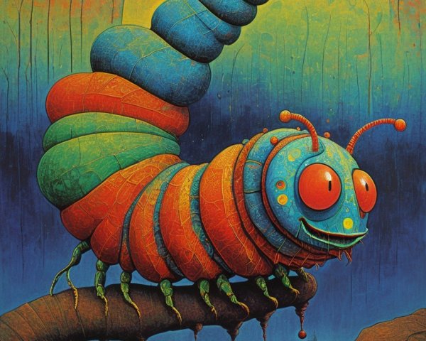 Cartoonish Caterpillar on Branch Under Colorful Sky