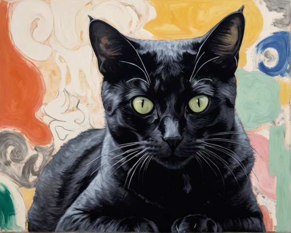 Black Cat with Green Eyes Against Colorful Background