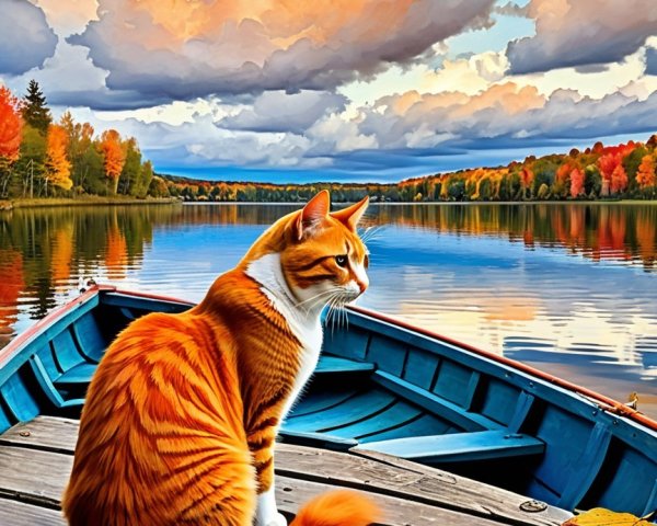 Orange and white cat on a boat by autumn lake