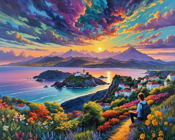 Coastal Landscape Painting at Sunset with Vibrant Colors