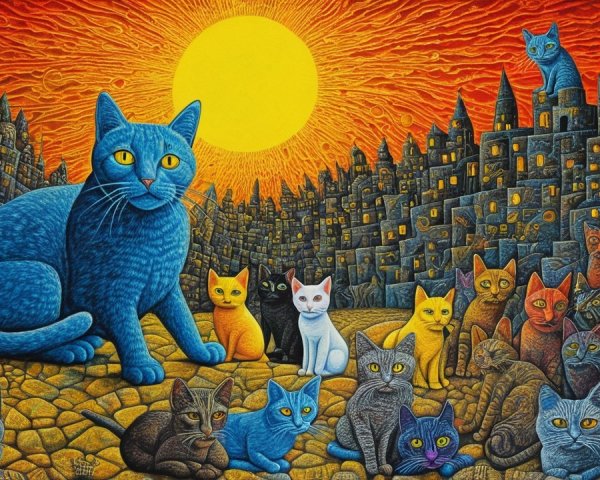 Colorful Cats in a Fantastical Cityscape at Sunset