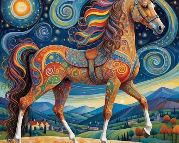 Vibrant Horse with Patterns in Dreamlike Landscape