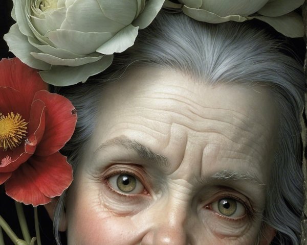 Elderly Woman with Gray Hair and White Roses