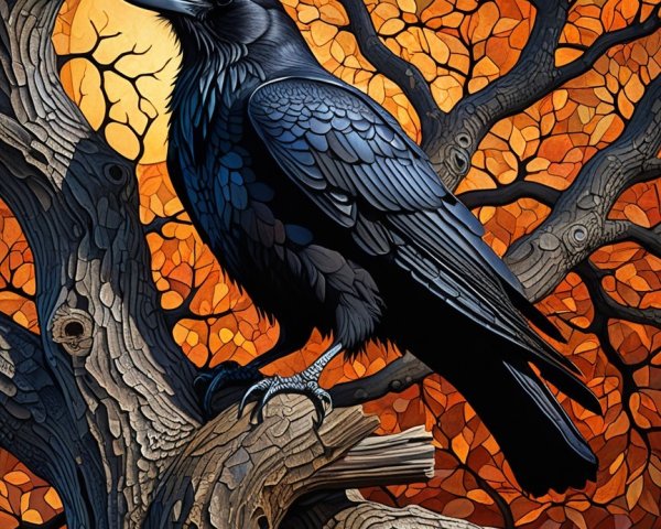 Raven on Branch Amid Autumn Leaves and Sunset Orbs