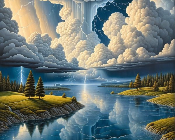 Dramatic Landscape with Lake and Stormy Sky