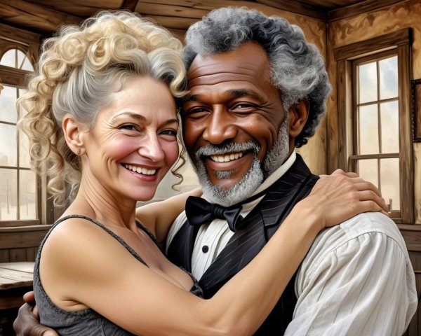 Joyful Couple Embracing in Rustic Setting