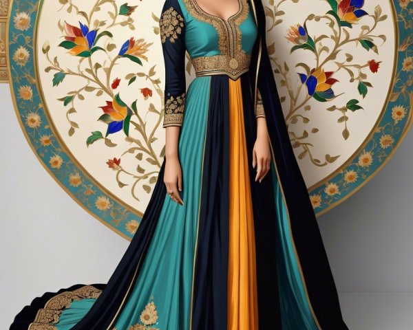 Elegant Floor-Length Dress with Gold Embroidery