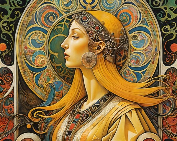 Regal Woman with Golden Hair in Vibrant Background