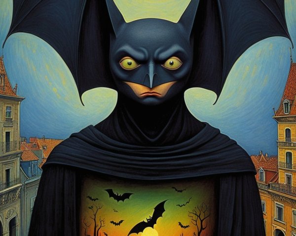 Gothic Figure with Bat Wings Against Sunset Background