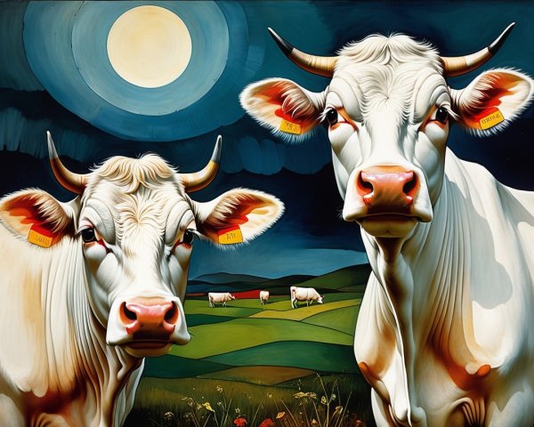 White Cows with Orange Noses Under Moonlit Sky