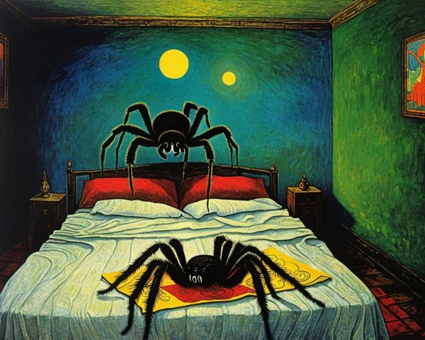 Surreal Bedroom with Black Spiders and Red Linens