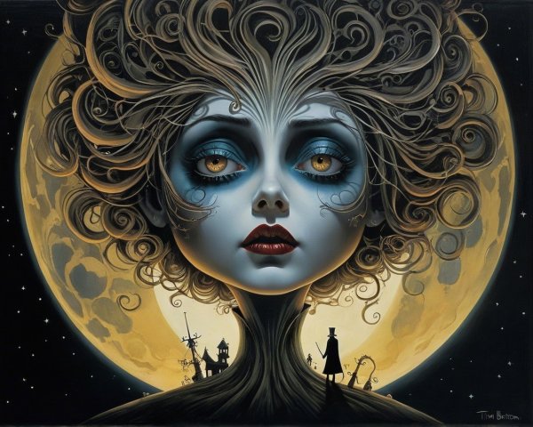 Haunting Woman with Tree Hairstyle Under Full Moon