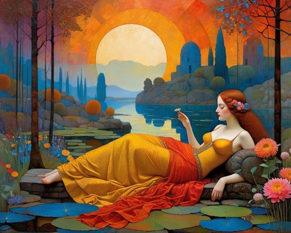 Woman in Yellow Gown by Tranquil Lake at Sunset