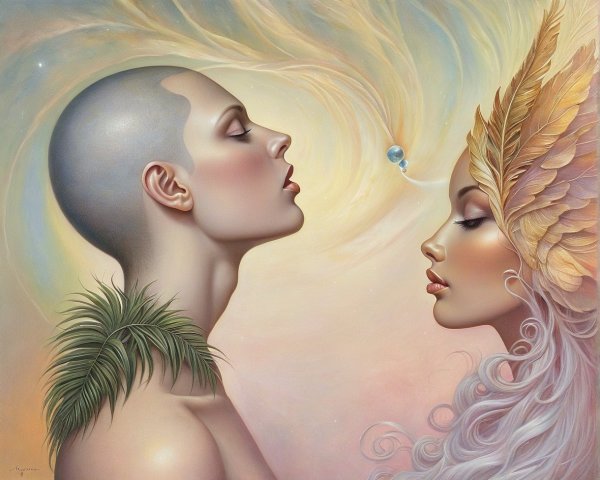 Ethereal Surrealism Painting of Two Women in Profile