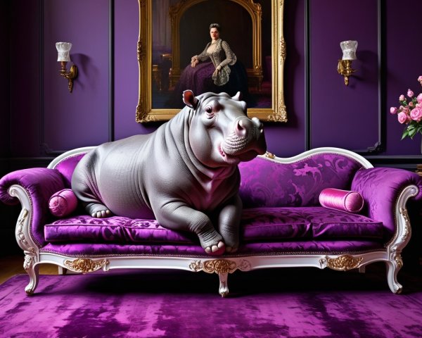Stylized Hippo on Purple Sofa in Elegant Room
