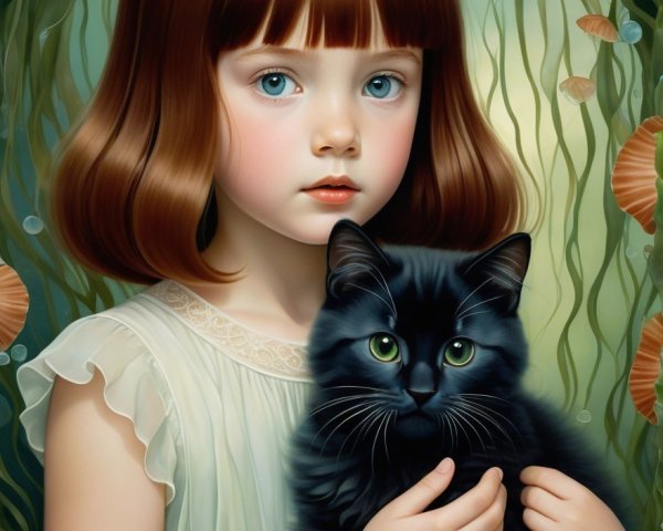 Young girl in white dress with black cat underwater