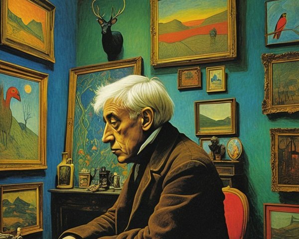 Contemplative Figure in Vibrant Art-filled Room