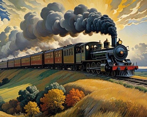 Steam Locomotive in Autumn Countryside Landscape