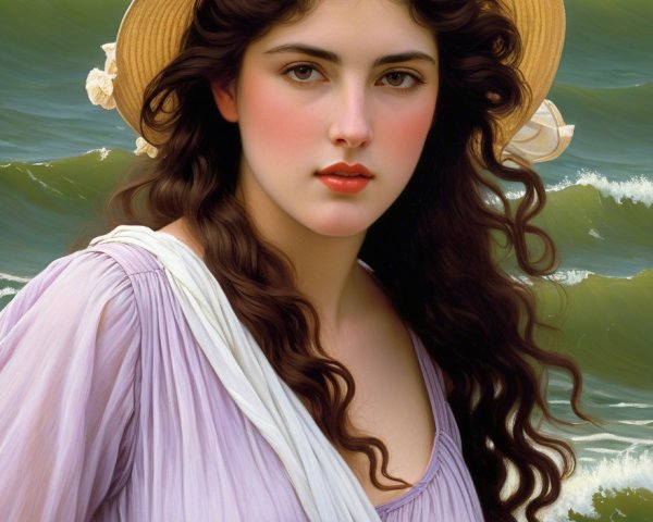 Young woman in lavender dress by ocean waves