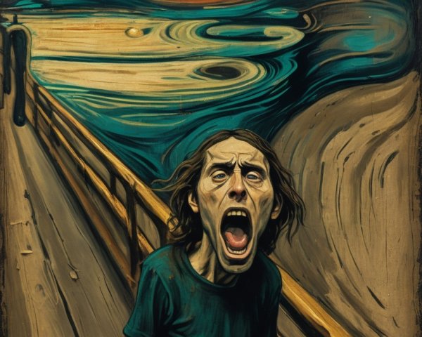 Figure on Bridge with Distressed Expression and Swirling Sky