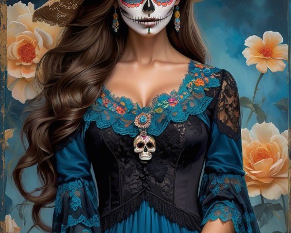 Elegant Blue Dress with Sugar Skull Face Paint