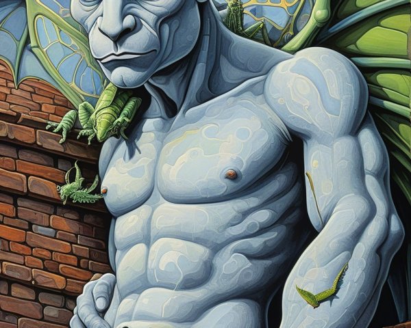 Muscular Blue-Skinned Creature with Bat Wings at Night