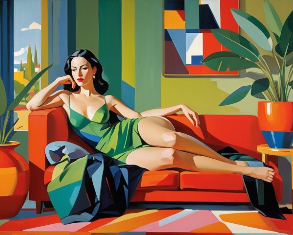 Stylish Woman in Green Dress on Red Couch with Patterns