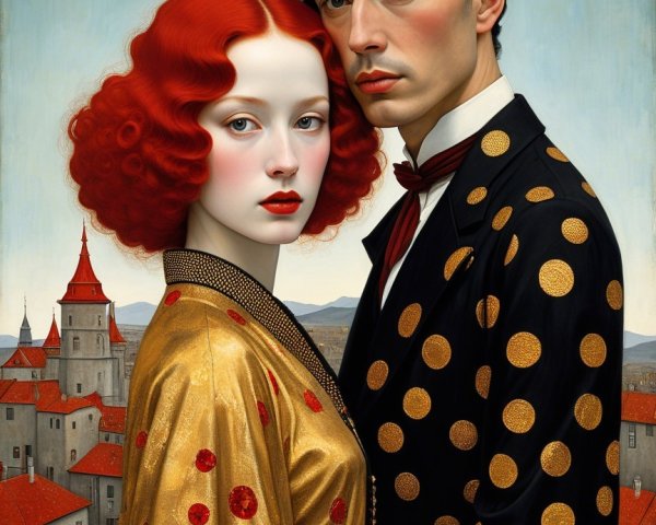 Couple in Vibrant Attire Against Scenic Town Backdrop