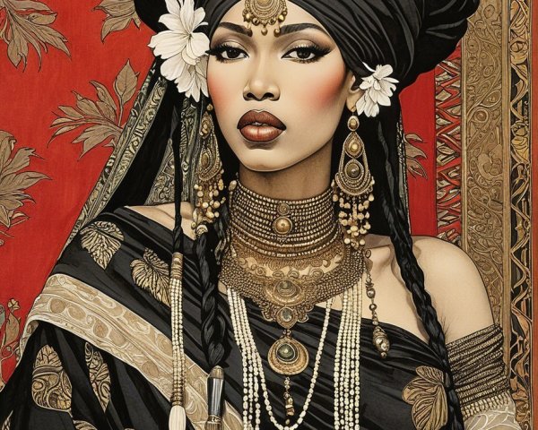 Regal Portrait of Woman in Black and Gold Outfit
