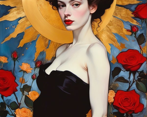 Portrait of a woman with vintage curls and roses