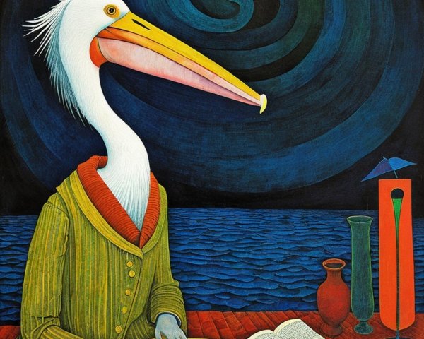 Anthropomorphized Pelican in Whimsical Setting