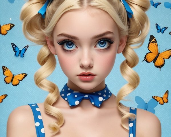 Whimsical portrait of a girl with blue eyes and curls
