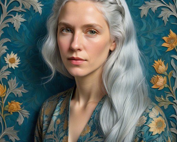 Young woman in floral robe with serene expression